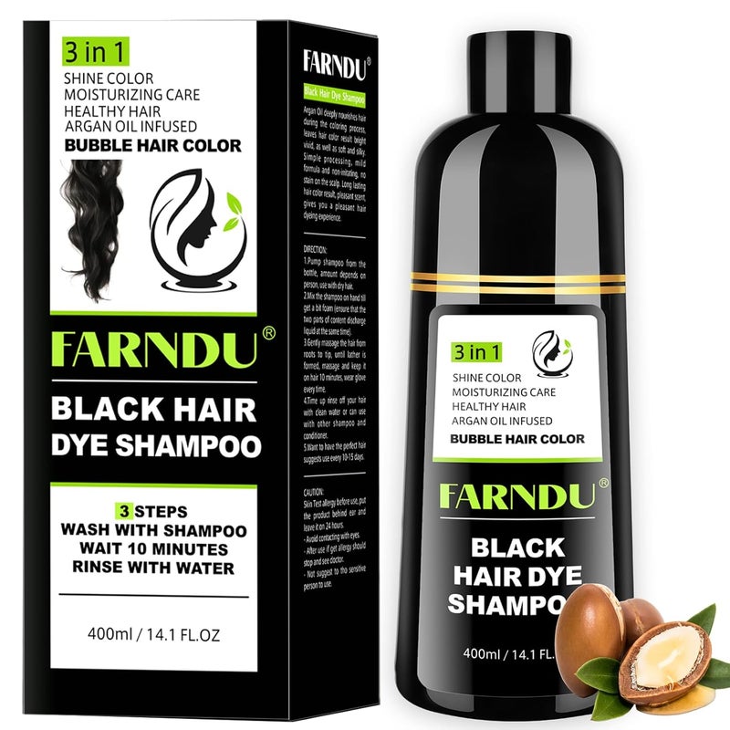 Farndu Black Hair Dye Shampoo for Women & Men, Gray Hair Coverage Herbal Natural 3 in 1 Hair Color Shampoo, Champu para canas - Image 1